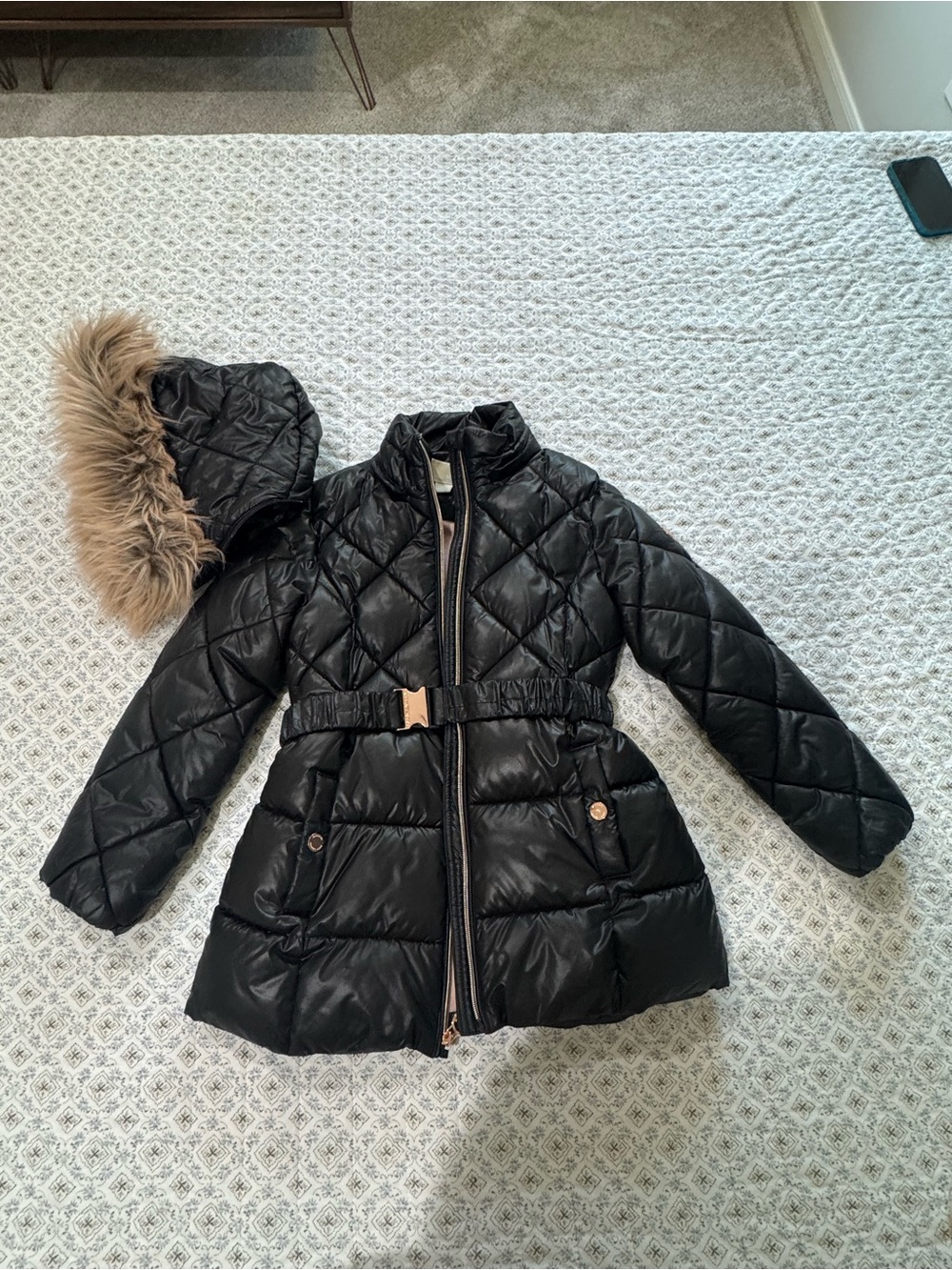 Michael Kors Black Quilted Puffer Coat with Faux-Fur Trim Hood